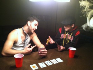 Nobody enjoys a game of Texas Holdem more than Nicky Boom. Here he is enjoying a nice hand with a friend.